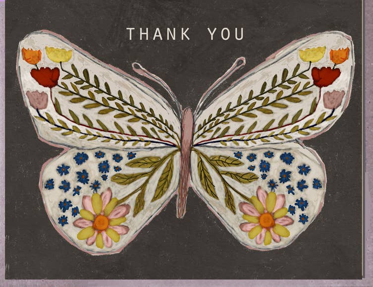 Gray Butterfly Flowers Thank You Card