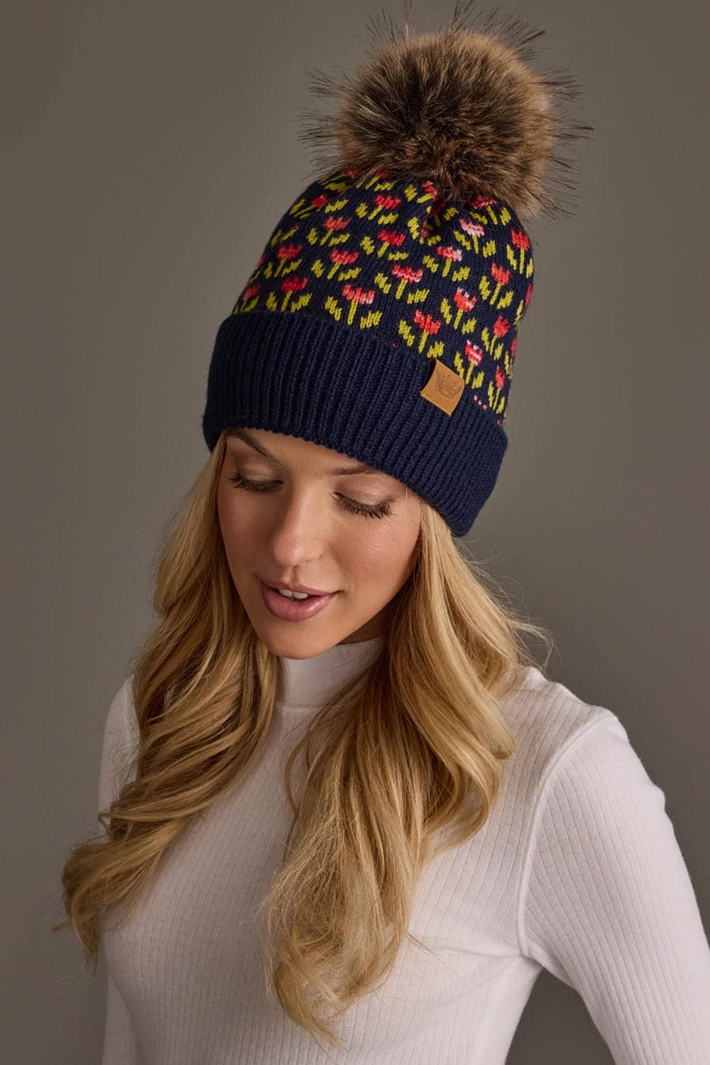Navy Small Floral Pattern Pom Hat