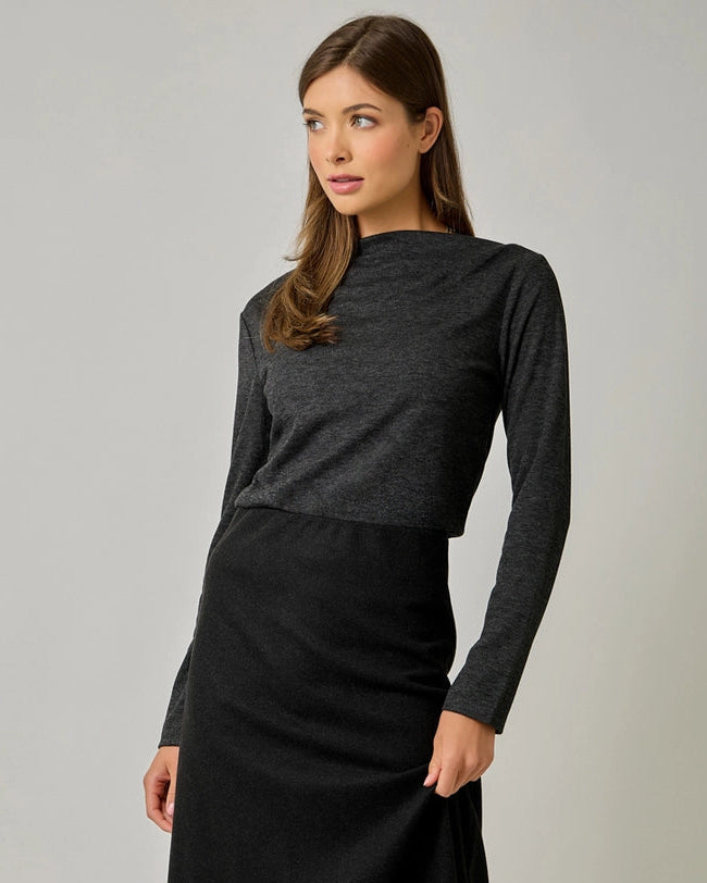 Essential Wool Blend Boat Neck Top in Black
