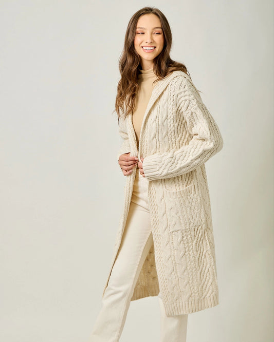 Long Cable Knit Cardigan in Almond