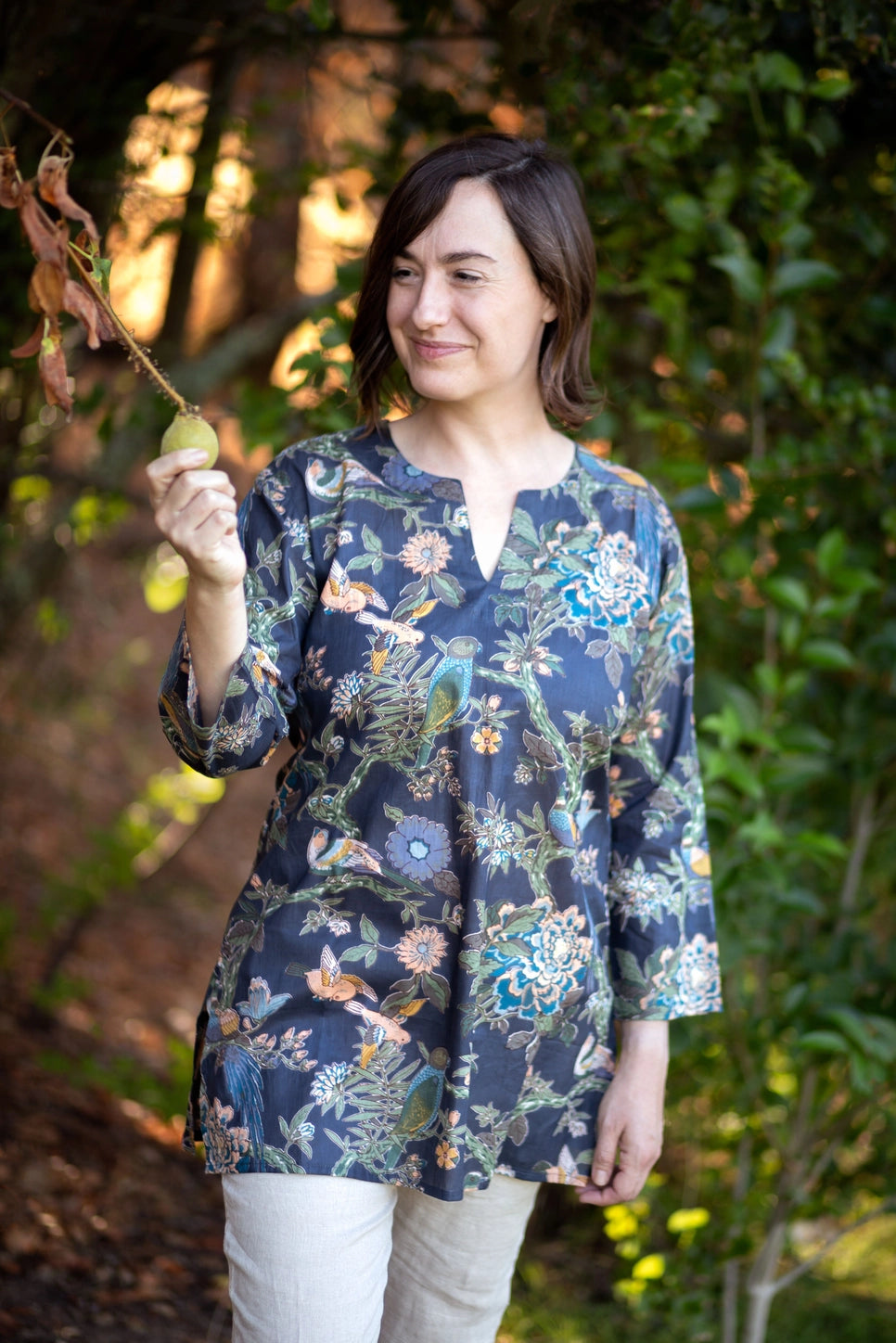 Cotton Tunic Top in Navy Bird Print