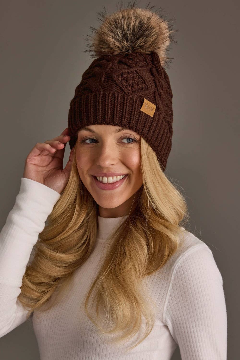 Dark Brown Cable Knit Pom Hat