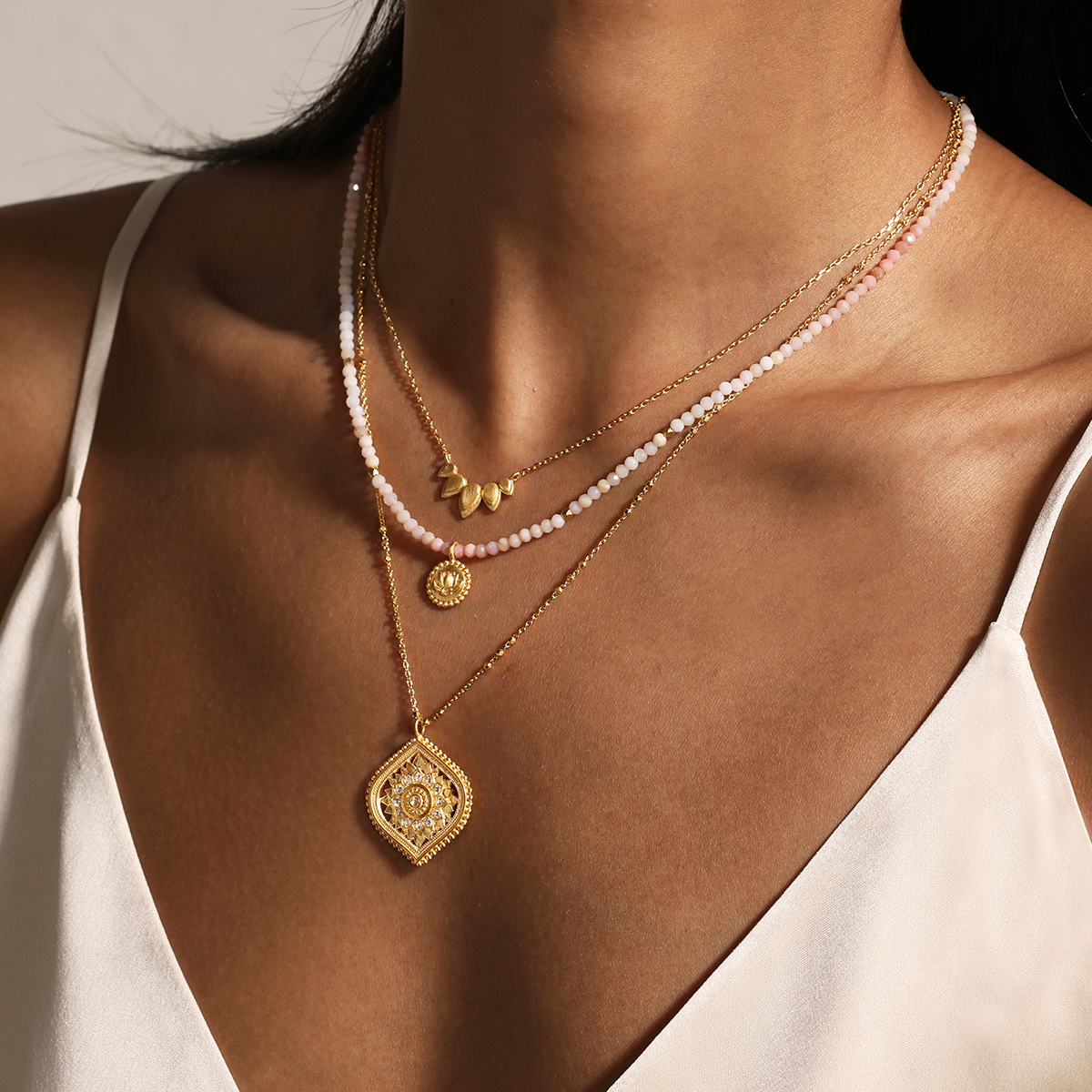 White Topaz Lotus Medallion Necklace | Satya