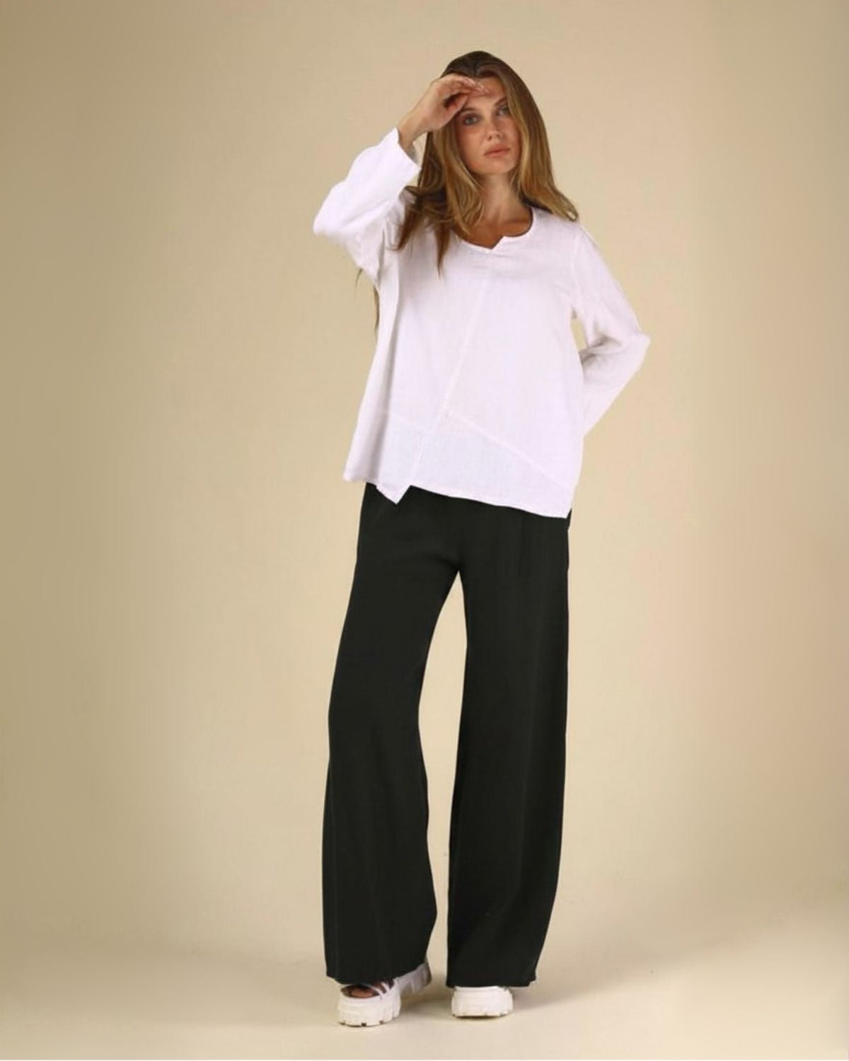 Linen Flat Front Palazzo Pants in Black | Fenini