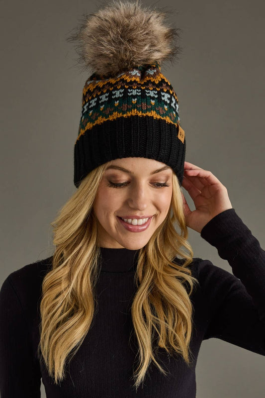 Black & Multicolored Patterned Pom Hat