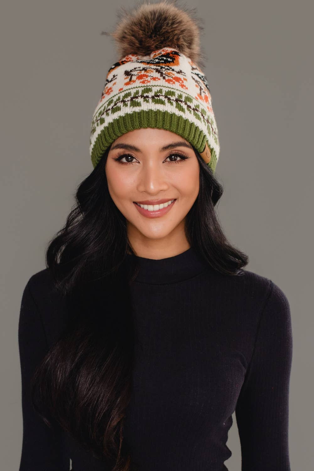 Olive & Cream Bird Pattern Pom Hat