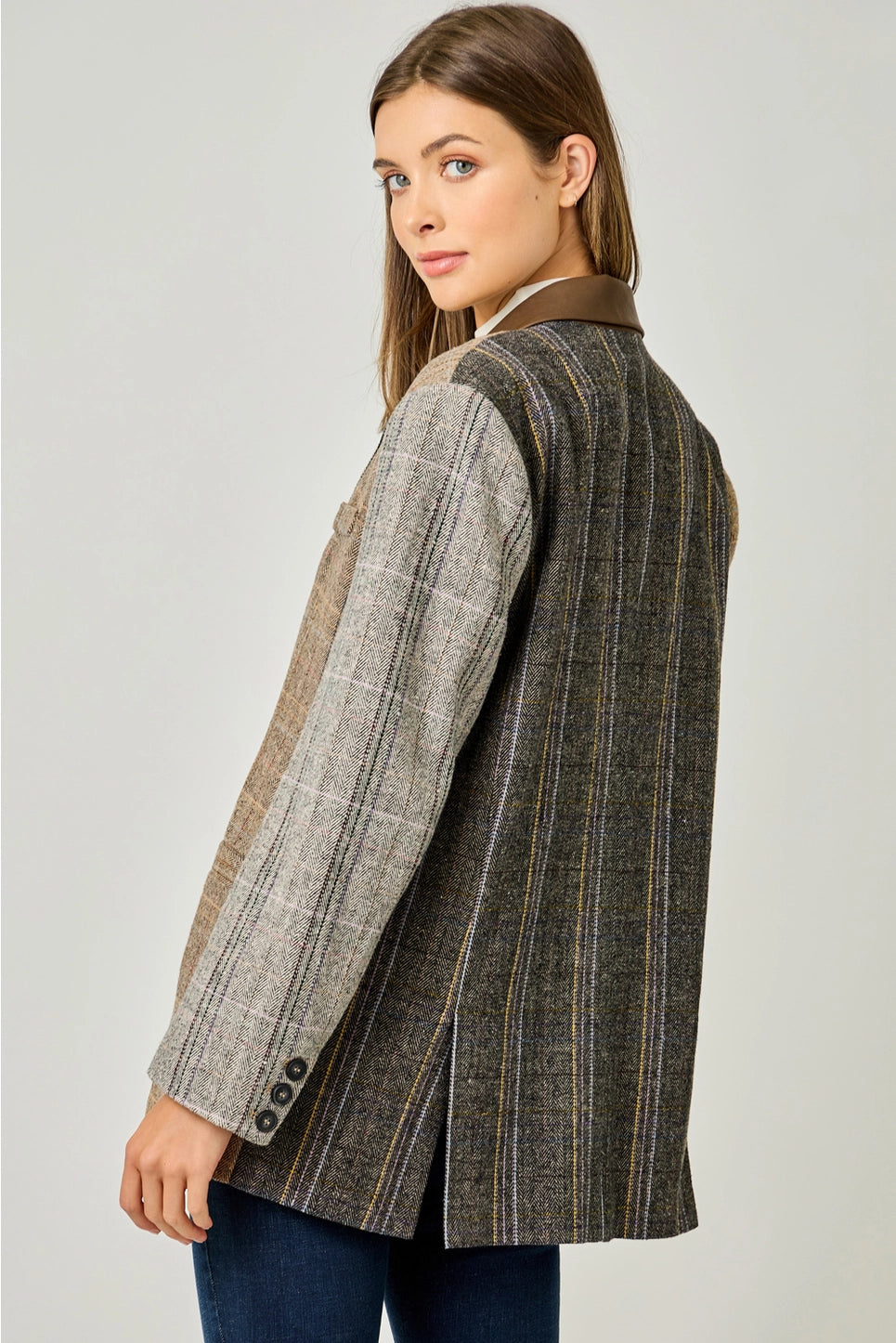 Mixed Plaid Blazer in Latte