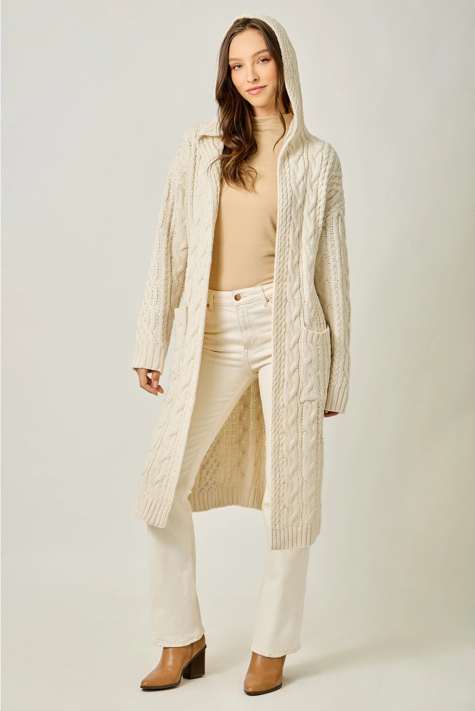 Long Cable Knit Cardigan in Almond