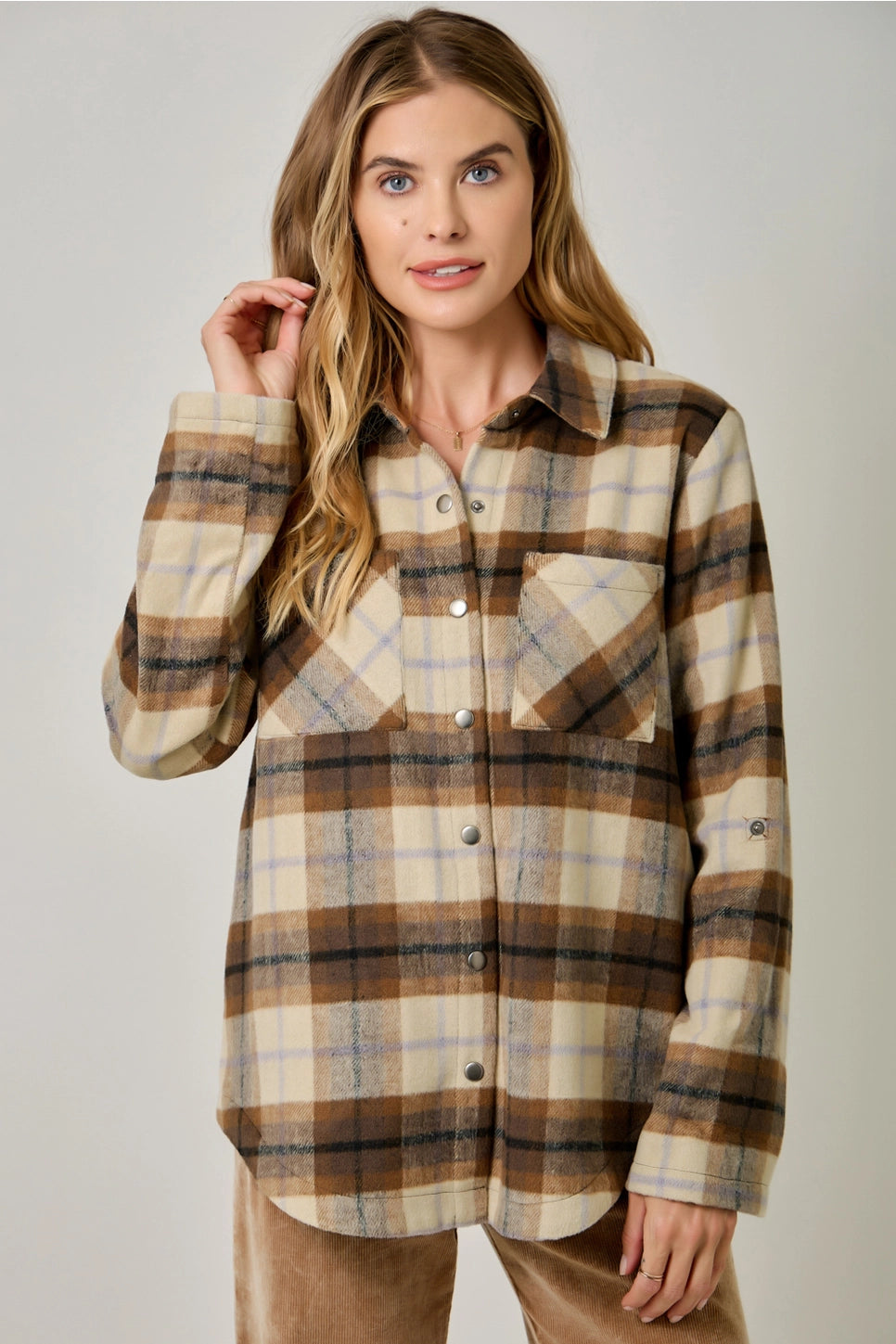 Brushed Shirt Jacket in Toffee Plaid