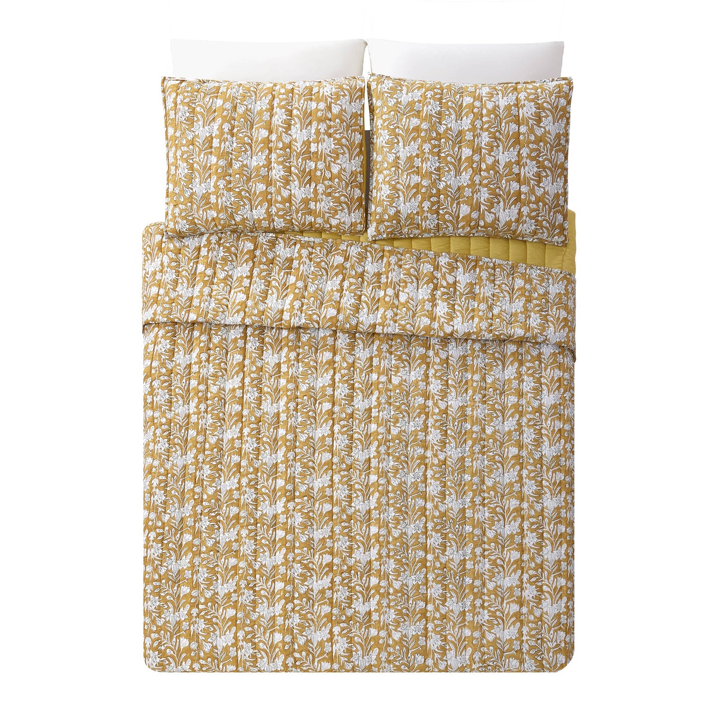 Block Print Sketched Floral 3-Piece Quilt Set