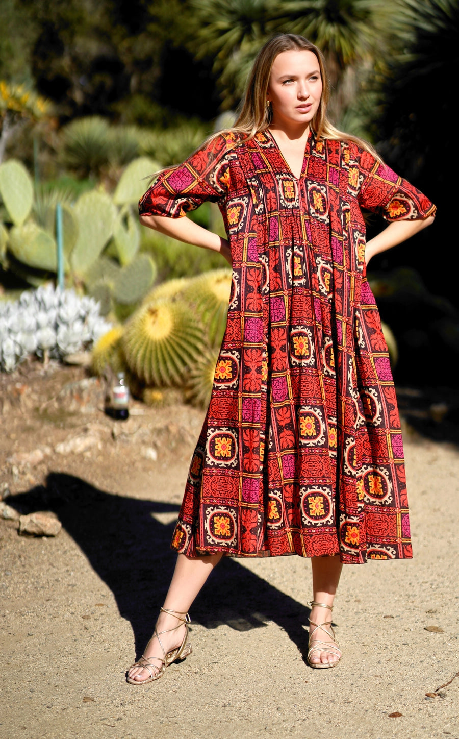 Skye Cotton Dress in Red Geo Print