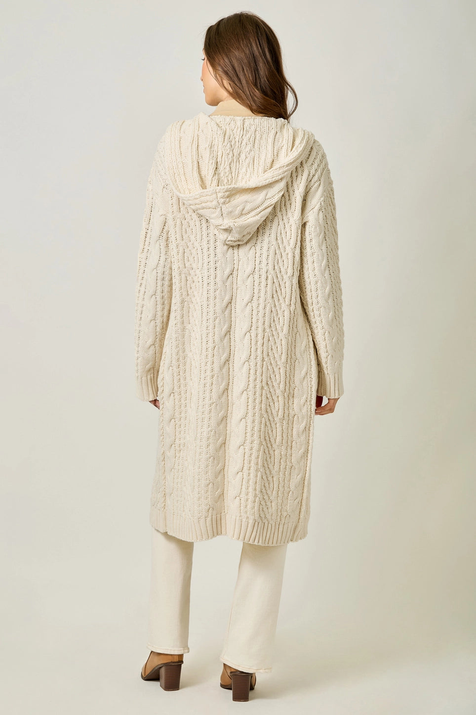 Long Cable Knit Cardigan in Almond