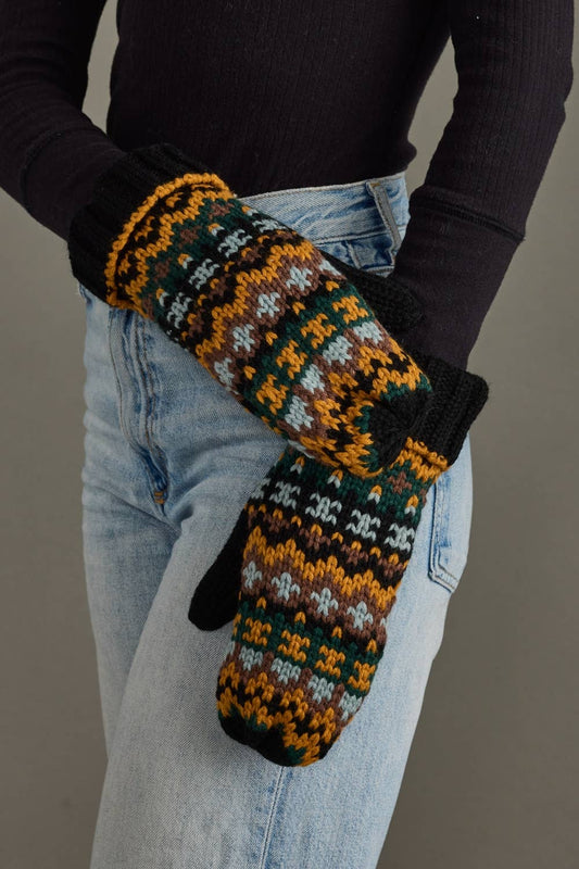Black & Multicolored Patterned Mittens