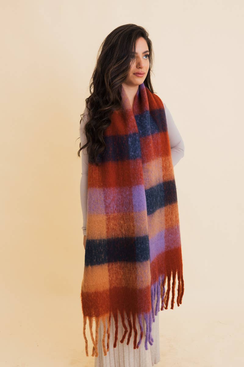 Cozy Oversized Fringe Scarf in Red Plaid