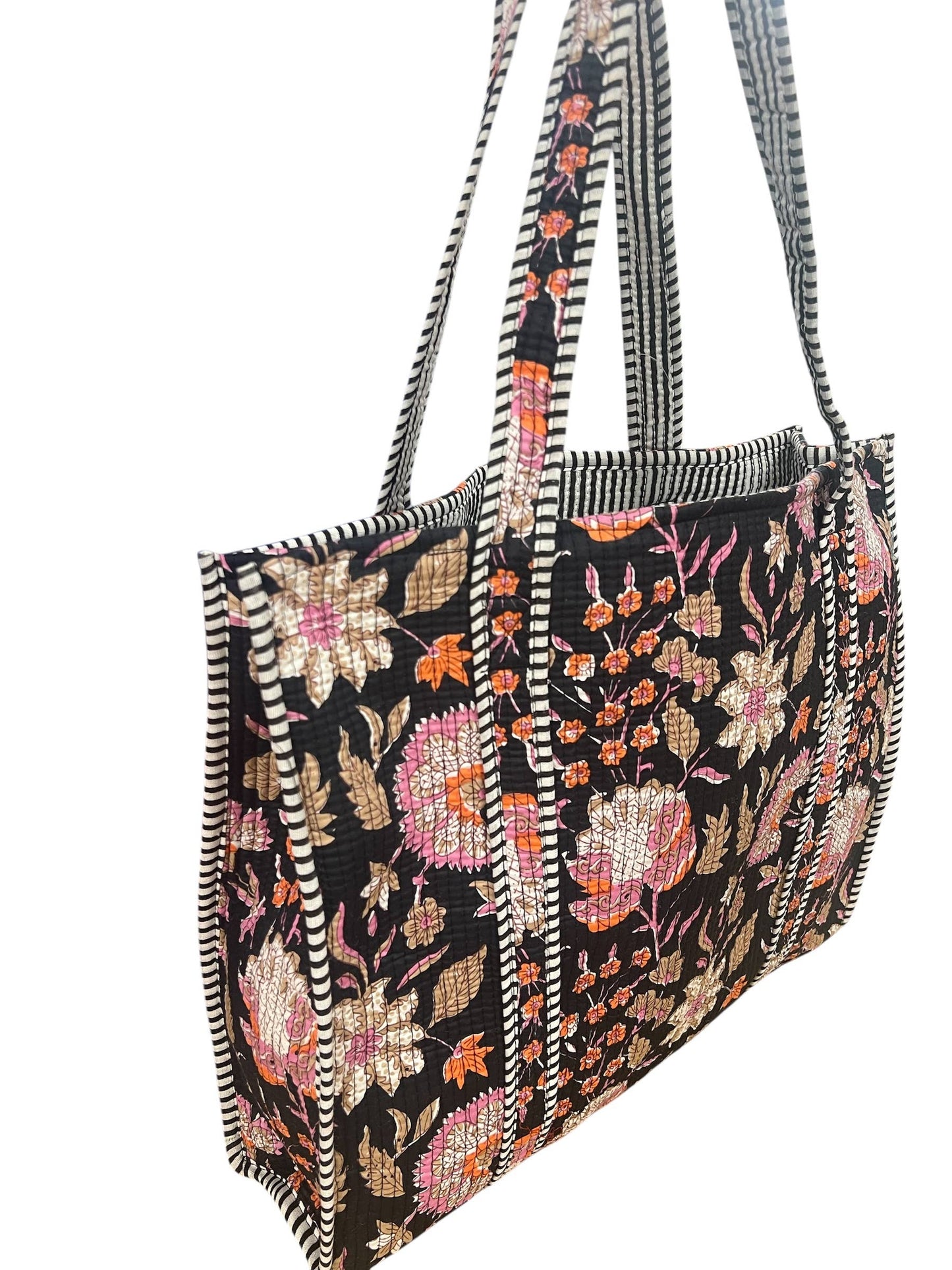 Quilted Cotton Bag in Black & Pink Floral
