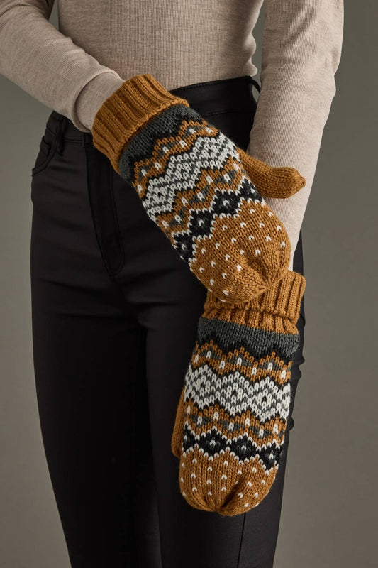 Camel, Black, & White Patterned Mittens