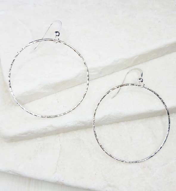 Silver Hammered Round Hoop Earrings