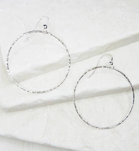 Silver Hammered Round Hoop Earrings
