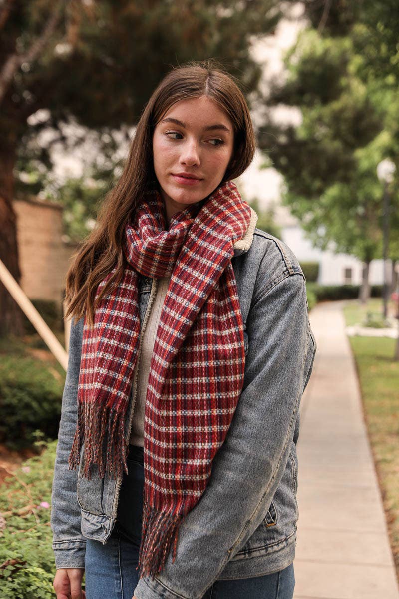 Cozy Burgundy Tartan Tassel Scarf