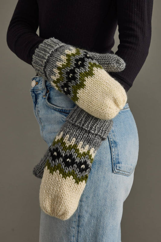 Cream, Green, & Gray Patterned Mittens
