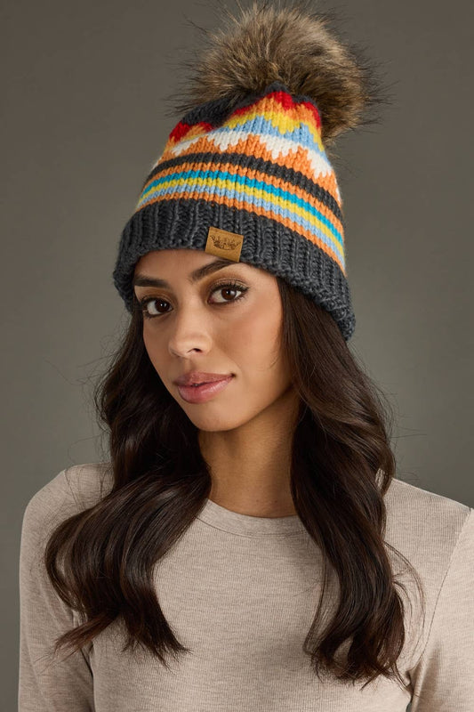 Gray & Multicolored Patterned Pom Hat