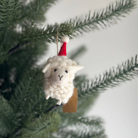 Felt Sheep with Santa Hat Ornament