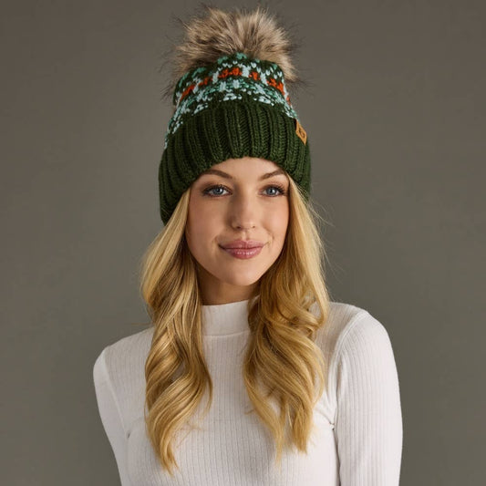 Olive, Mint & Orange Patterned Pom Hat