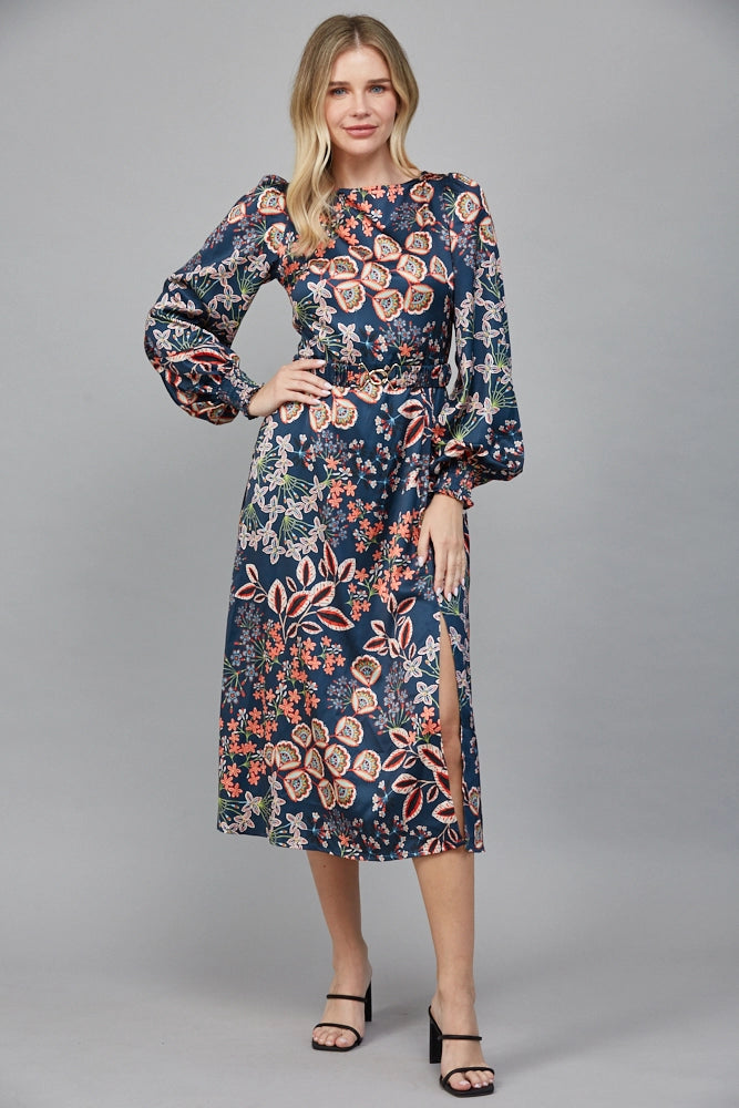 Balloon Sleeve Midi Dress in Peacock