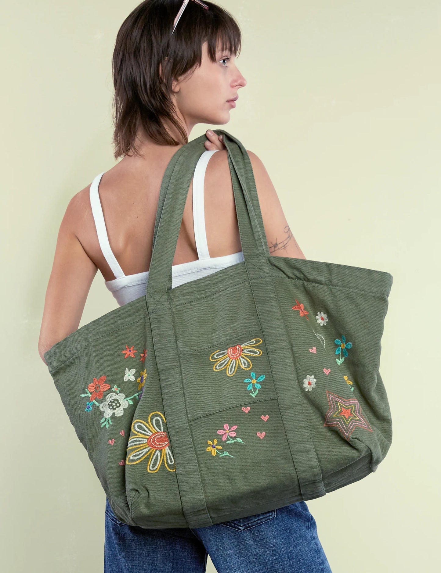 Floral Embroidered Tote in Green | Billy T