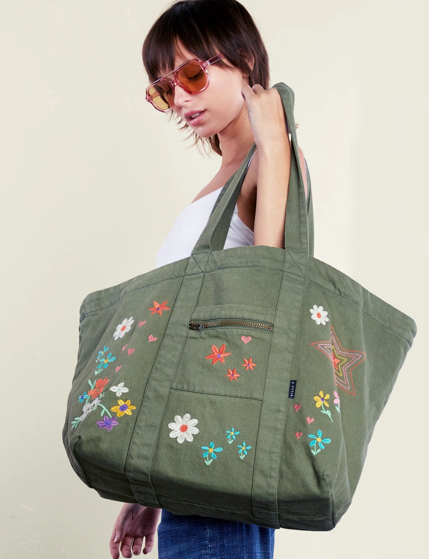 Floral Embroidered Tote in Green | Billy T