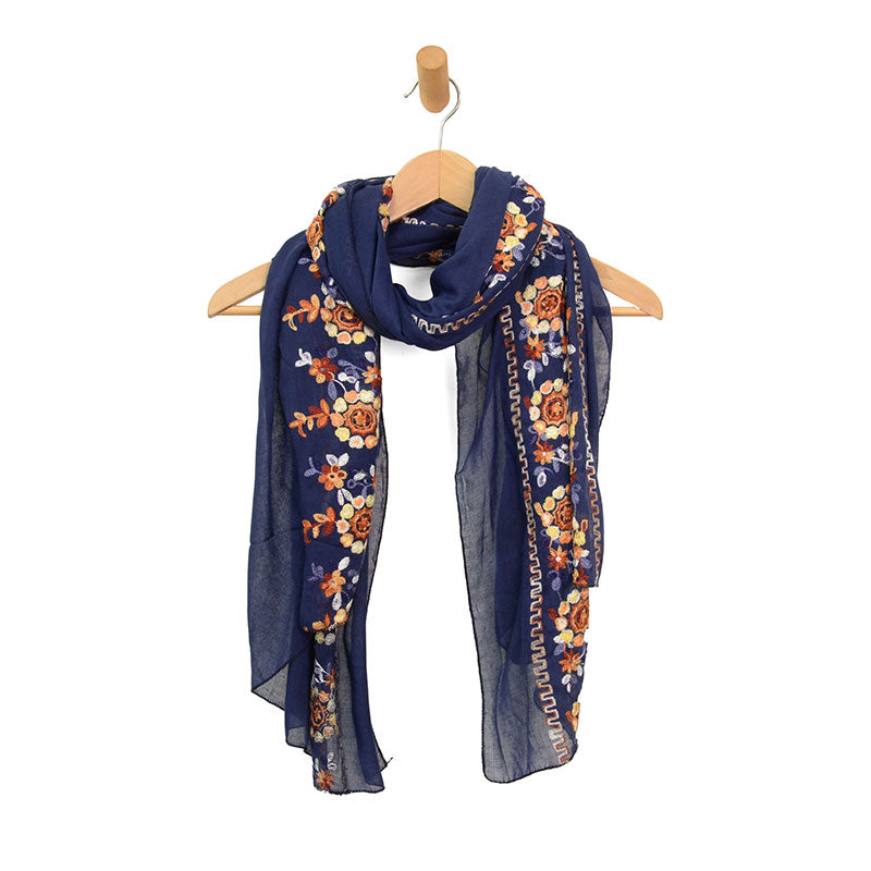 Embroidered Floral Long Scarf in Navy