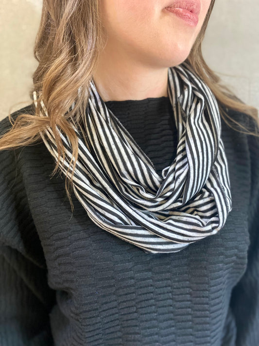 Jersey Stripe Infinity Scarf in Black & Grey