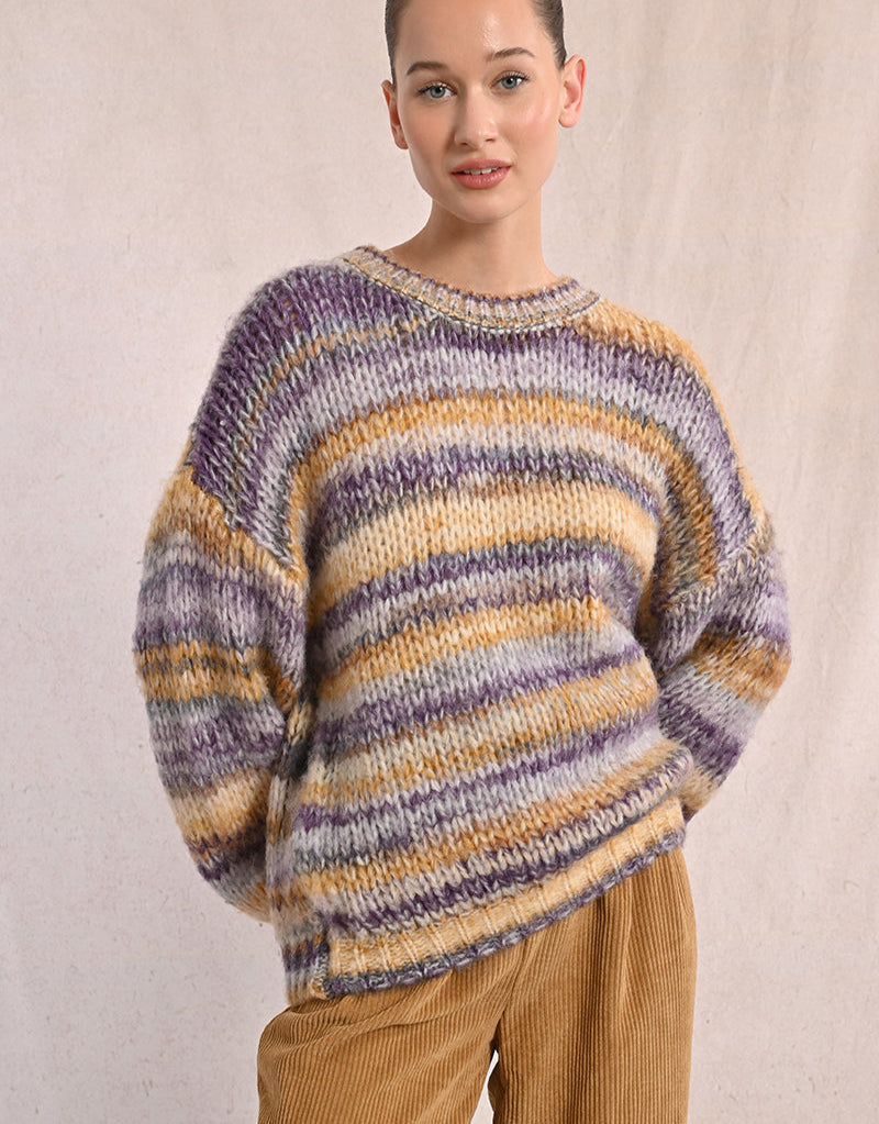 Oversized Crew Sweater in Mauve Multi Stripe