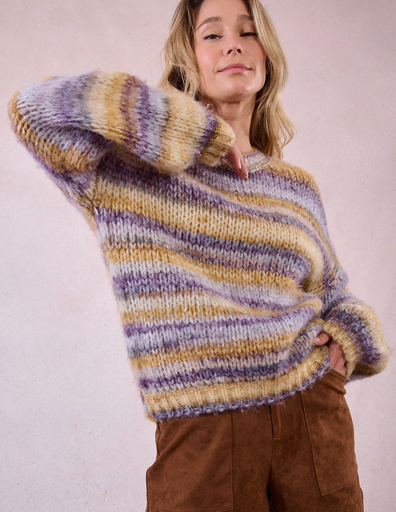 Oversized Crew Sweater in Mauve Multi Stripe