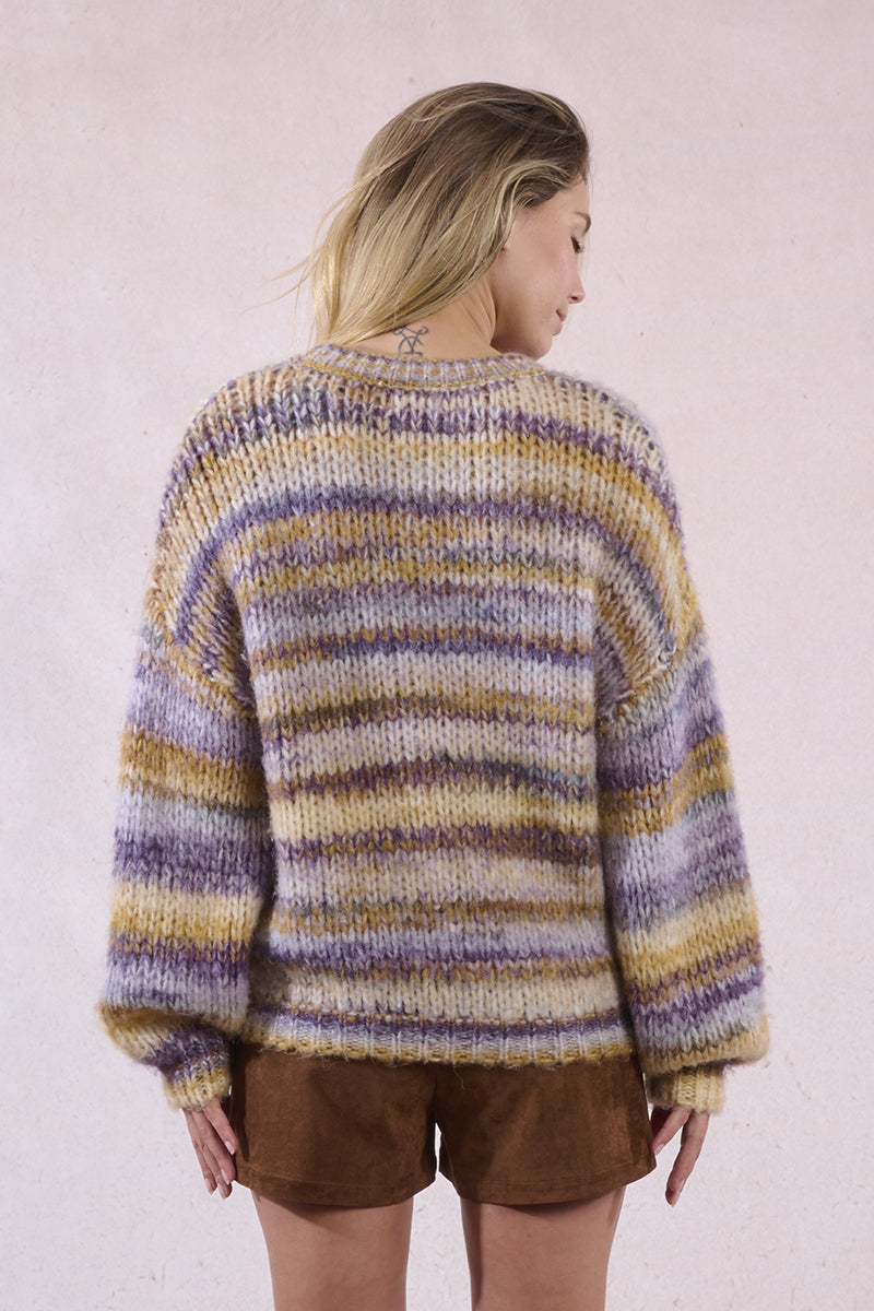 Oversized Crew Sweater in Mauve Multi Stripe