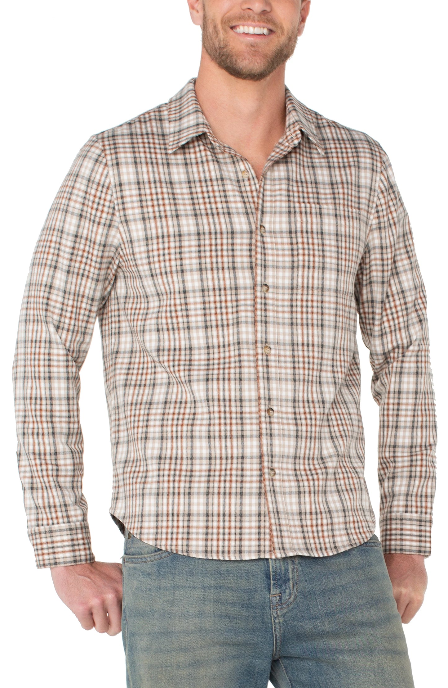 Long Sleeve Button Up Shirt in Rust Multi | Liverpool