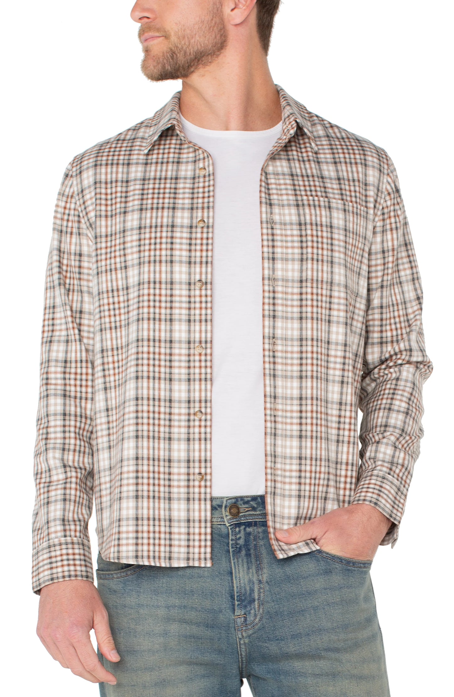 Long Sleeve Button Up Shirt in Rust Multi | Liverpool