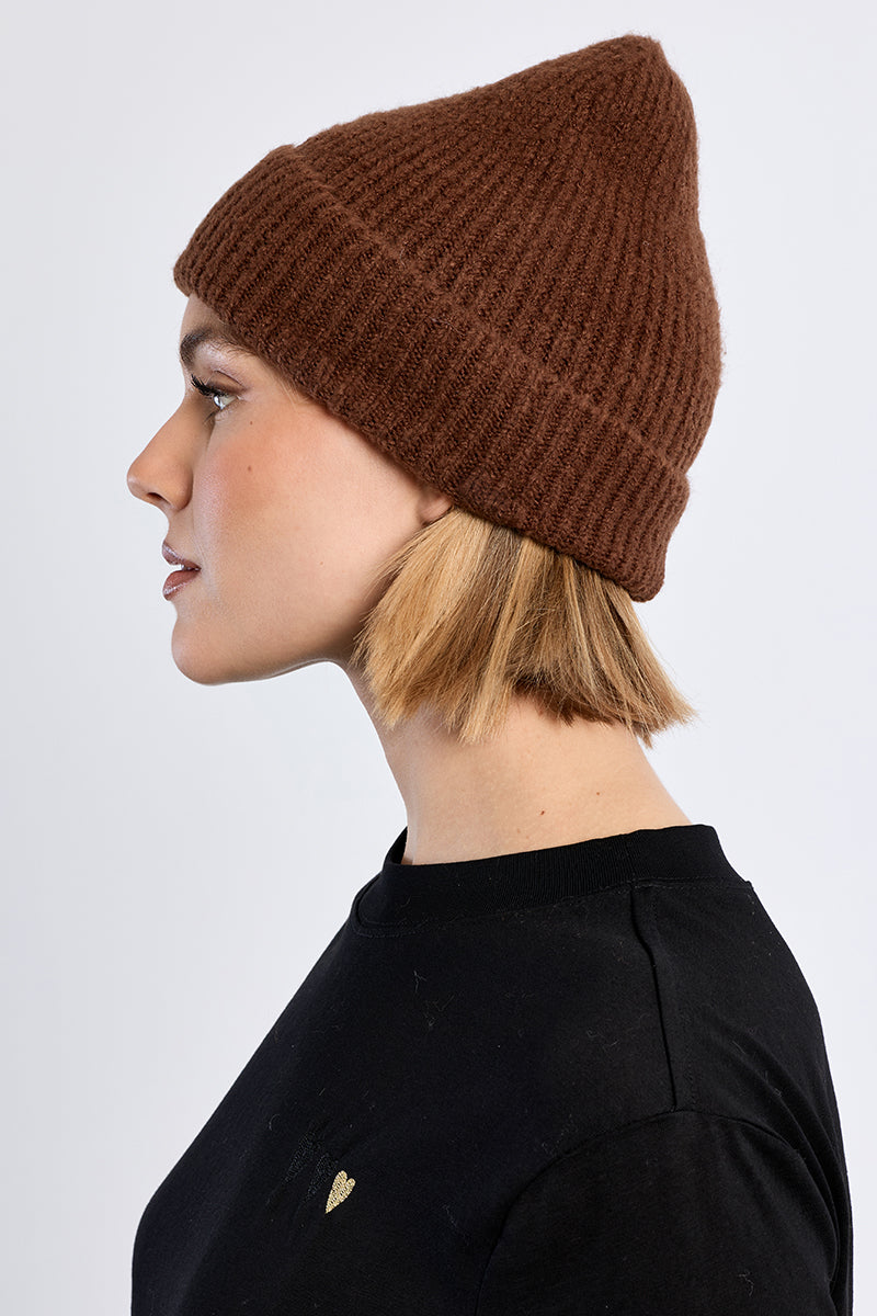 Knit Foldover Beanie in Chocolate