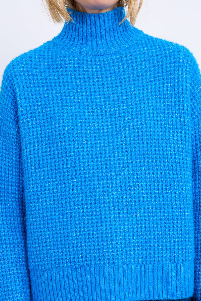 Waffle Knit Turtleneck Sweater in Blue