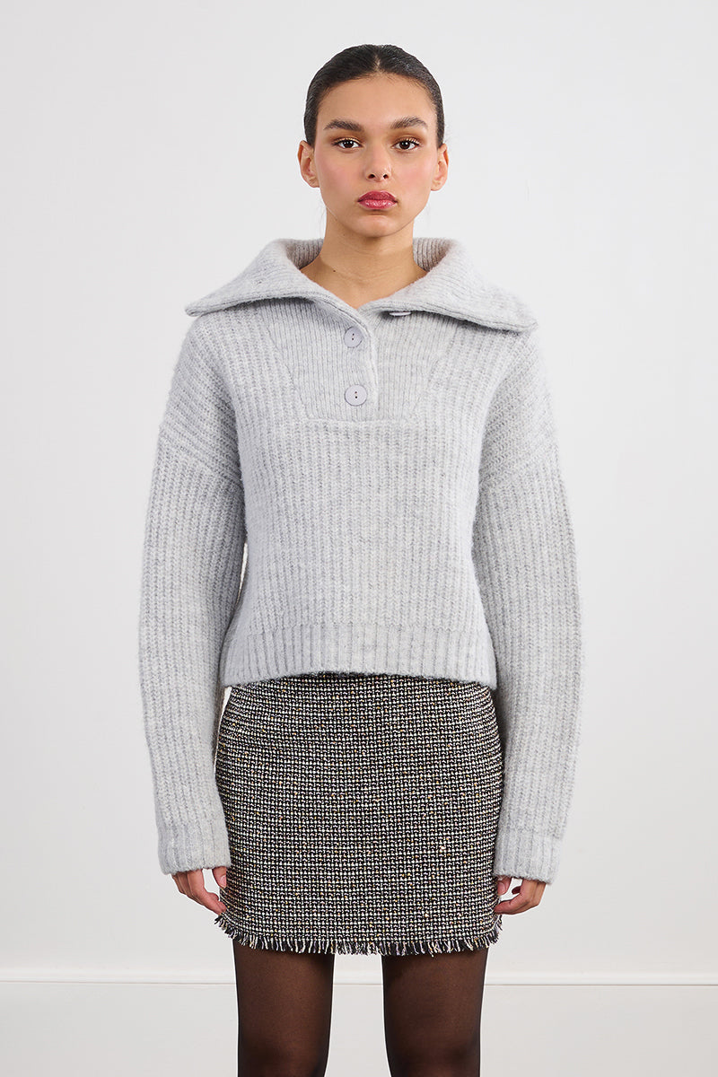 Quarter Button Sweater in Light Grey