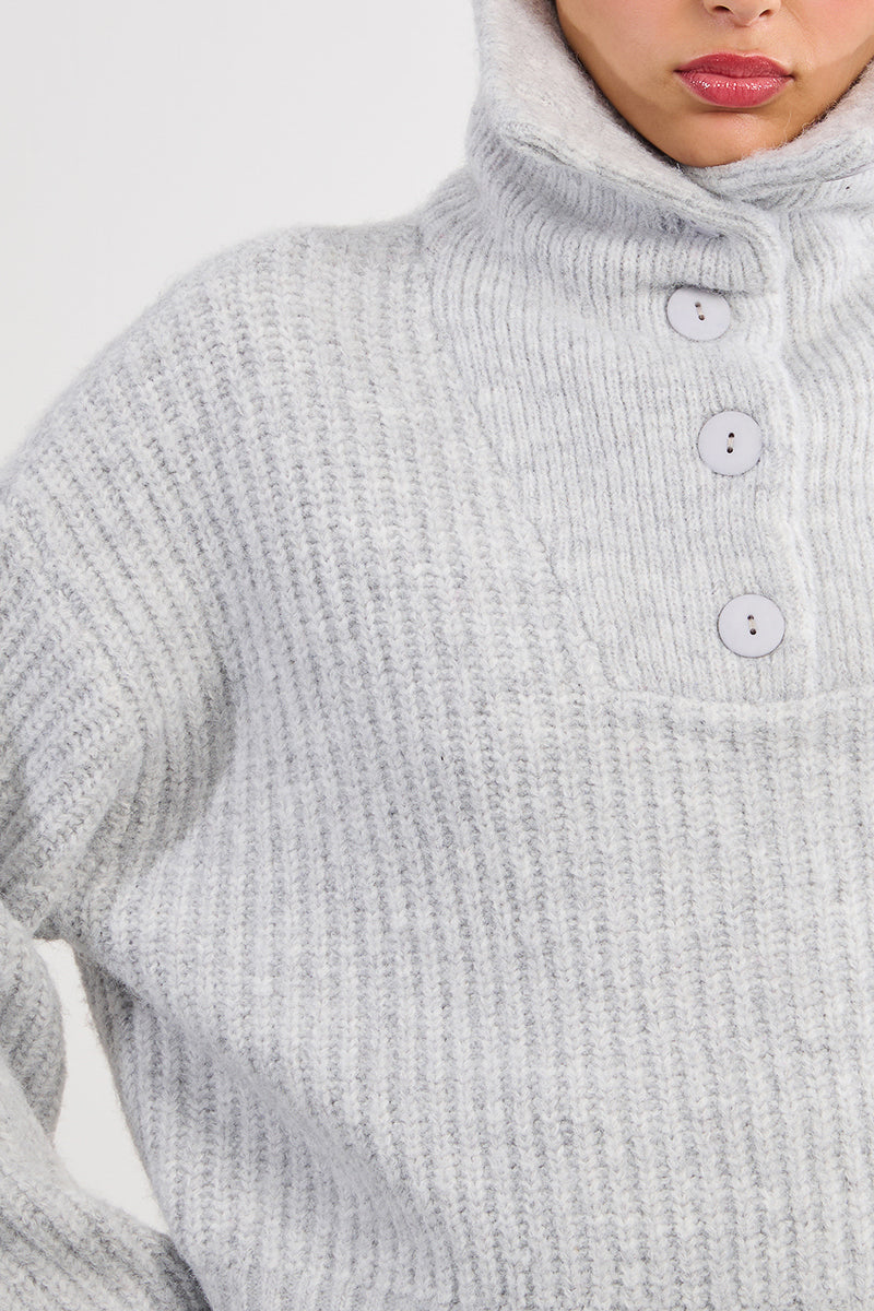 Quarter Button Sweater in Light Grey