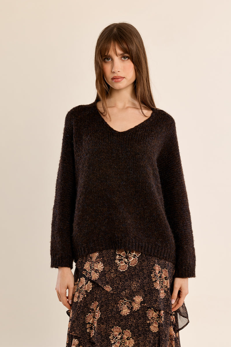 Oversized V-Neck Sweater in Chocolate