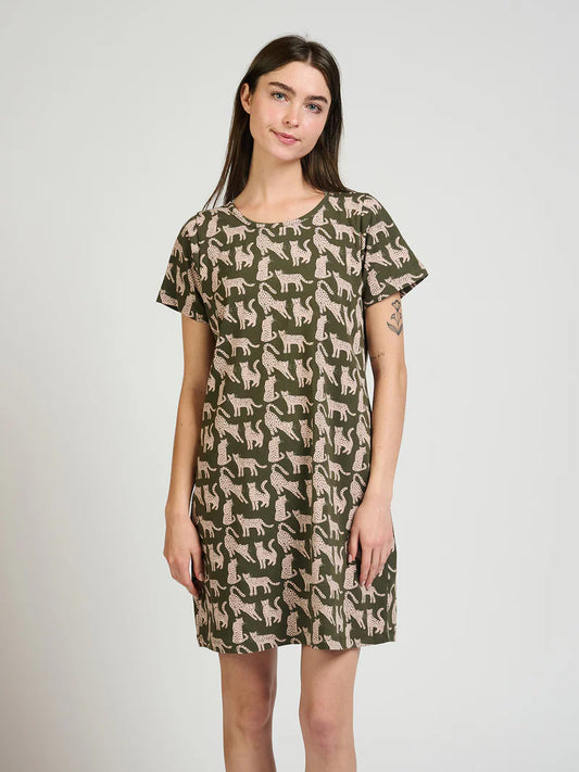 Hudson Shift Dress in Leopard Green | Mata Traders