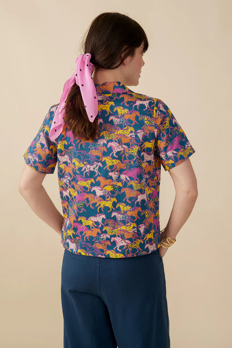 Camp Shirt in Blue Horses | Mata Traders