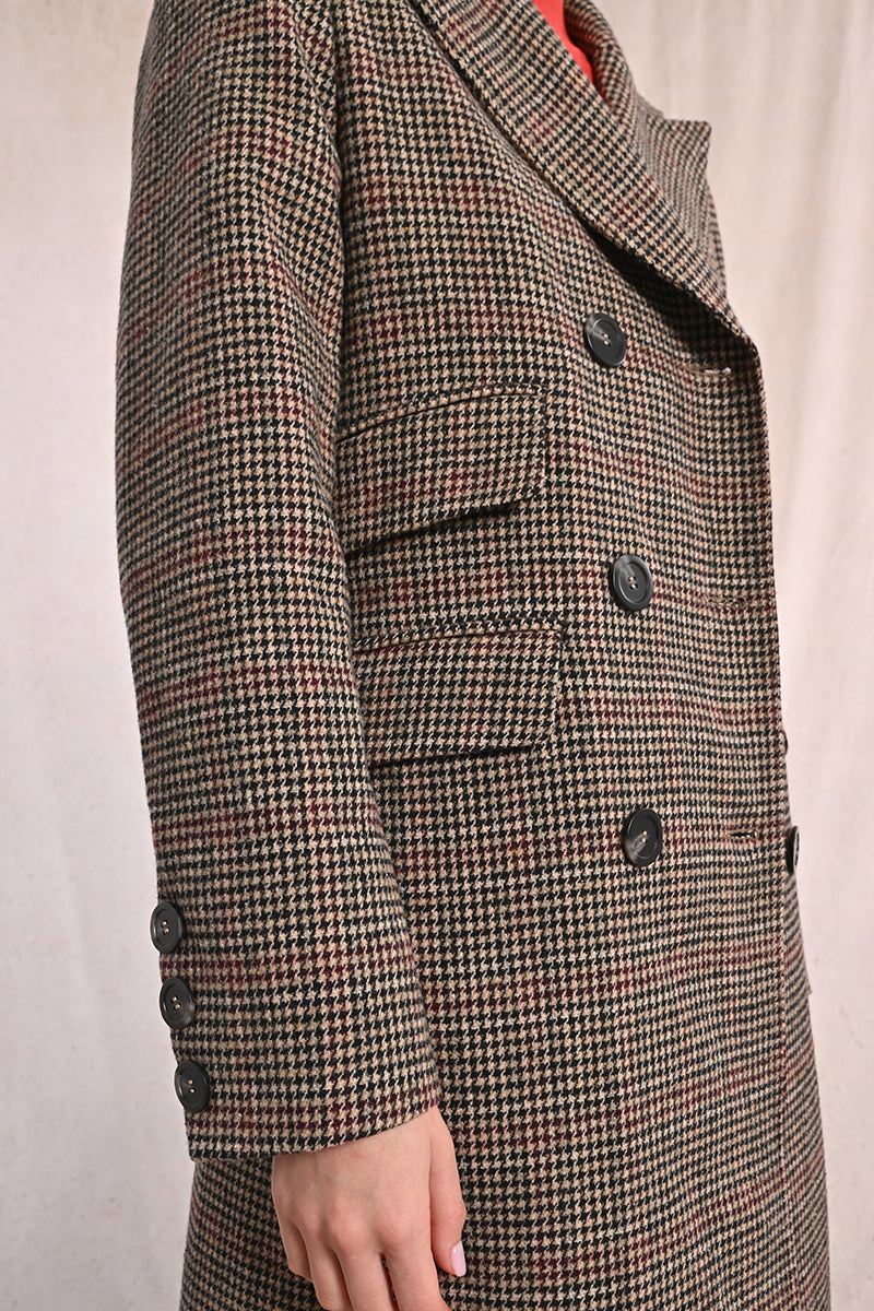 Brown Houndstooth Double Breasted Coat