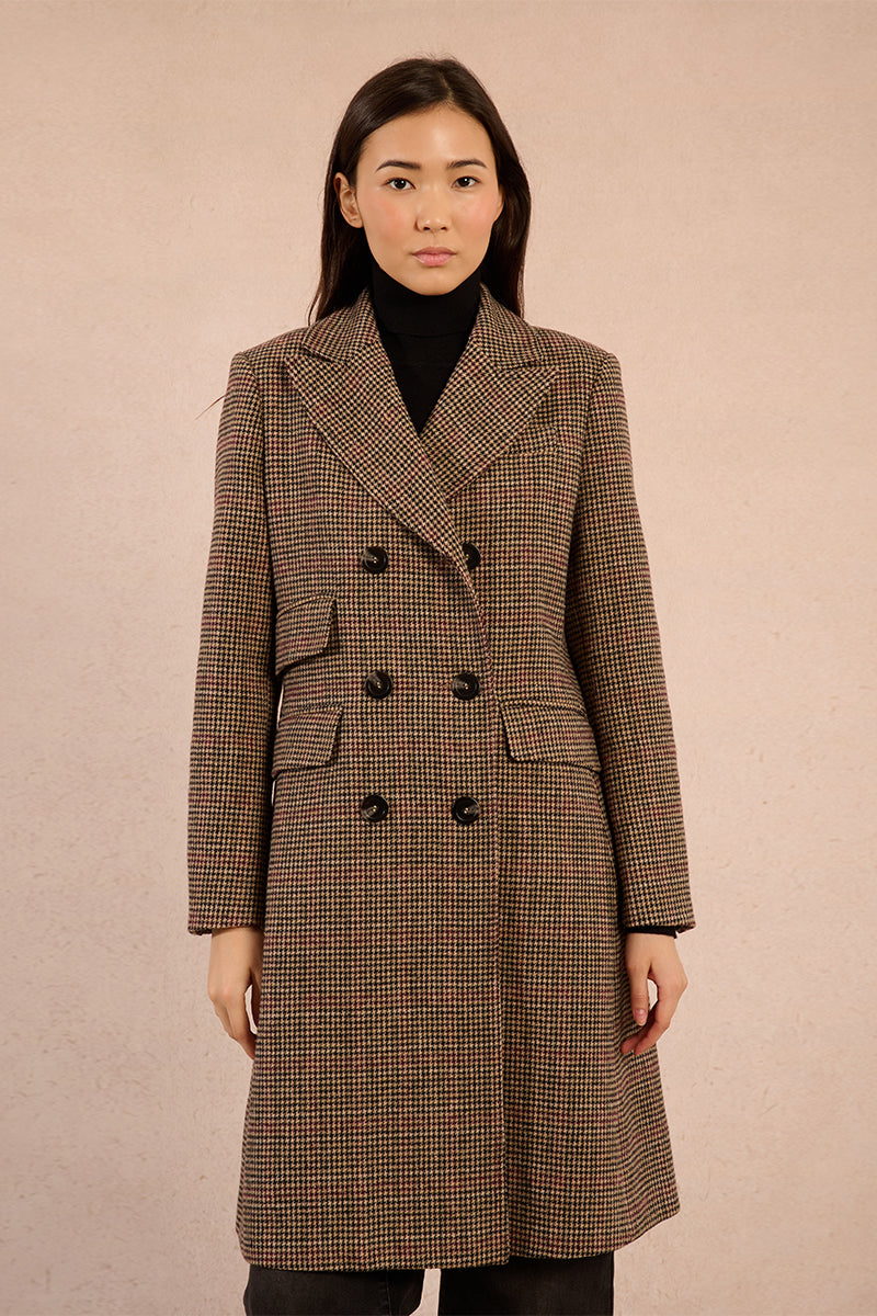 Brown Houndstooth Double Breasted Coat
