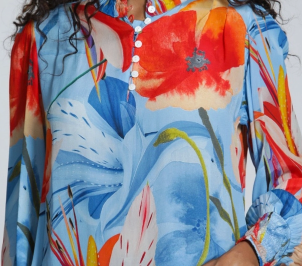 One Size Button Shirt in Blue & Red Flower Print | APNY