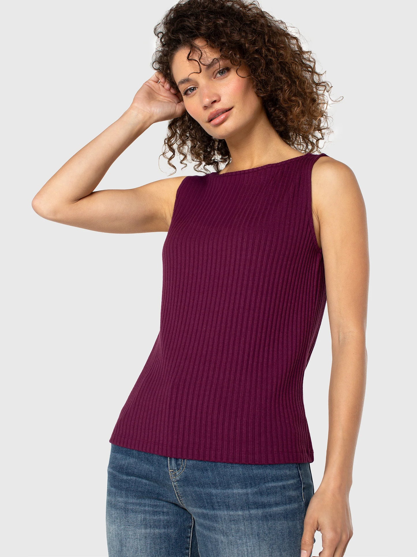 Sleeveless Boat Neck Rib Knit Top in Wine | Liverpool