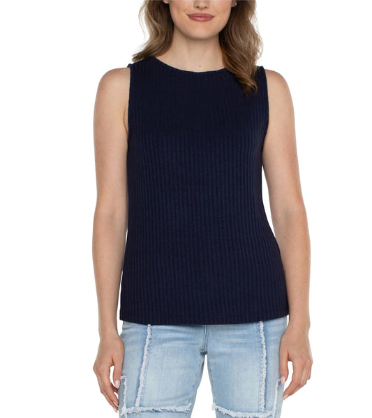 Sleeveless Boatneck Rib Knit Tank in Navy | Liverpool