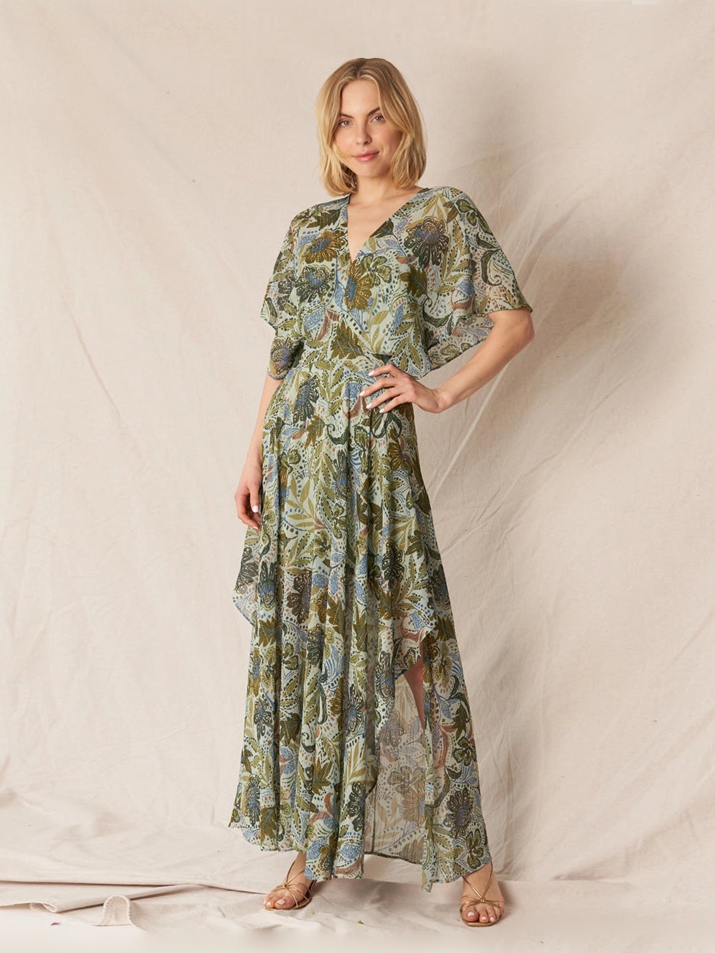 Printed Gauze Maxi Dress in Green